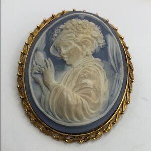 Vintage Classy Blue and Cream Cameo Brooch - Profile Woman